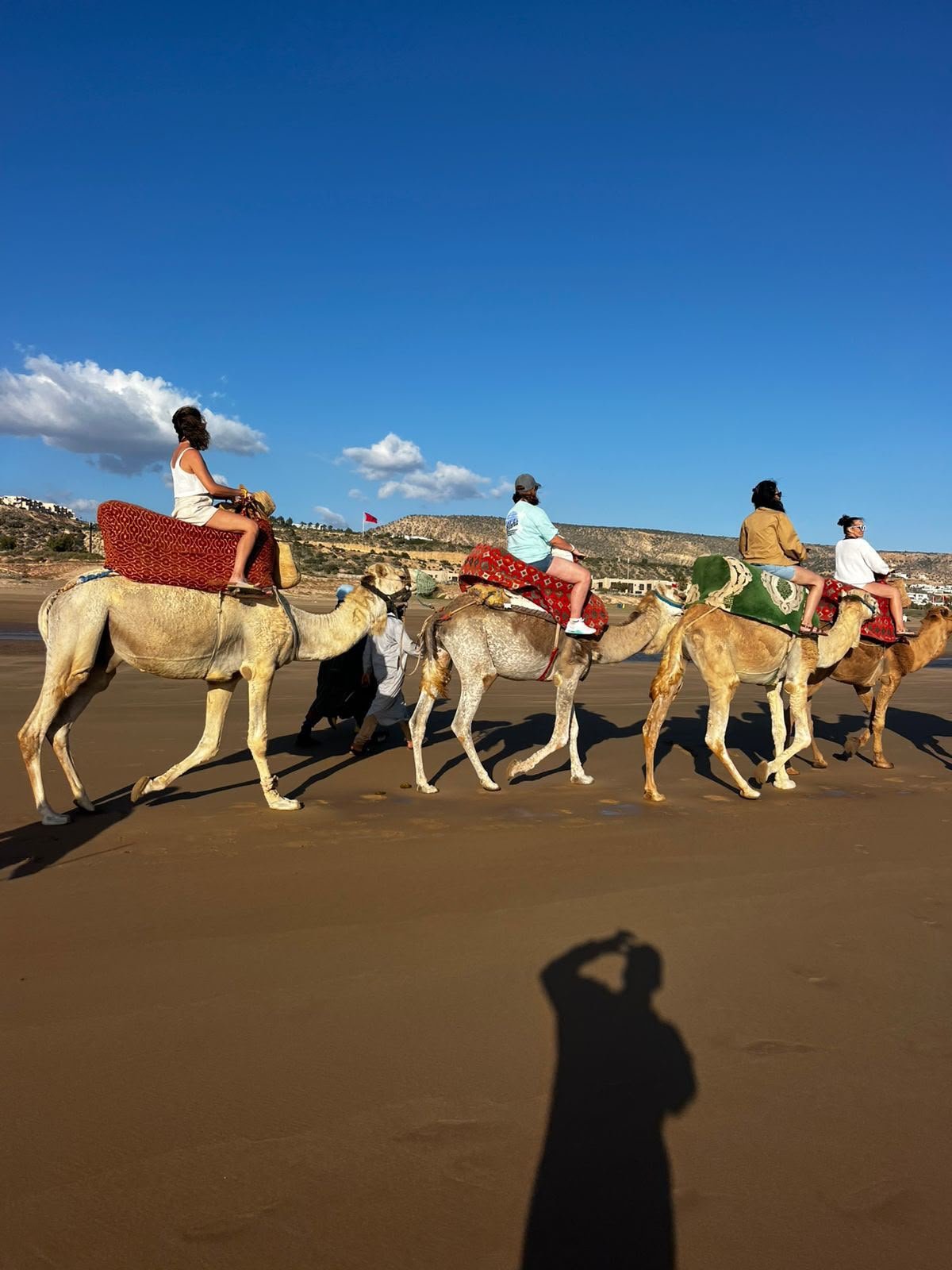 Camel riding in Agadir — riders on decorated camels crossing the beach below the hills of Aourir